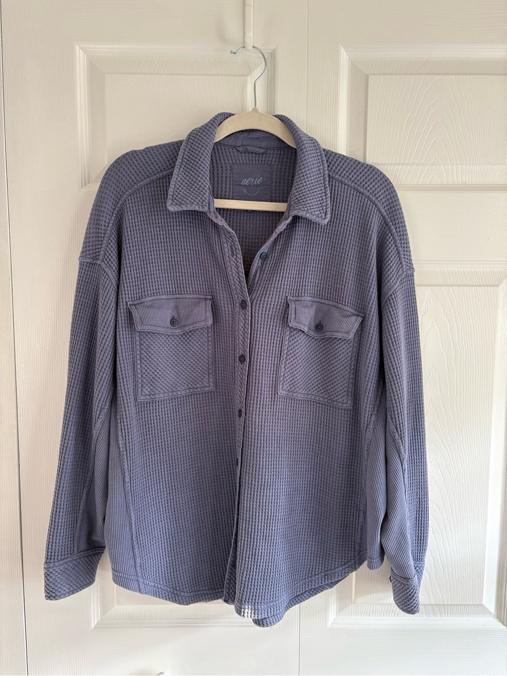 Aerie LumberJane Oversized Waffle Knit Button Shirt Jacket Shacket Dusty Blue S